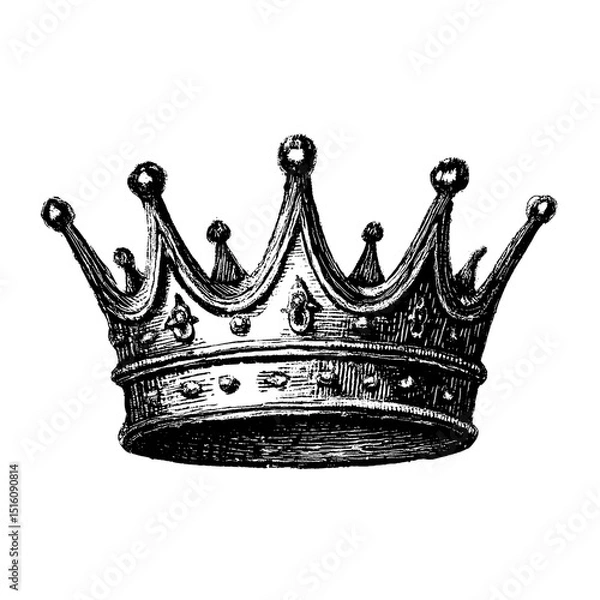 Fototapeta A vintage line art style illustration of a crown is shown as a black and white outline engraving, with the appearance of a scratch board, on a white background