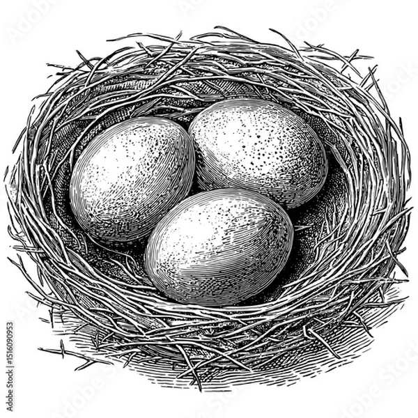 Fototapeta A vintage line art style illustration of a chicken nest is presented in a black and white outline engraving, with a scratch board imitation on a white background