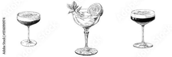 Obraz Modern black and white illustration of an Espresso Martini, depicted as a cocktail or mocktail in a linear line art style with engraving effects, isolated on a background