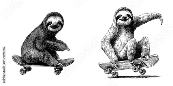 Fototapeta A sketch of a sloth riding a skateboard is presented in a black and white outline engraving style, mimicking a scratch board