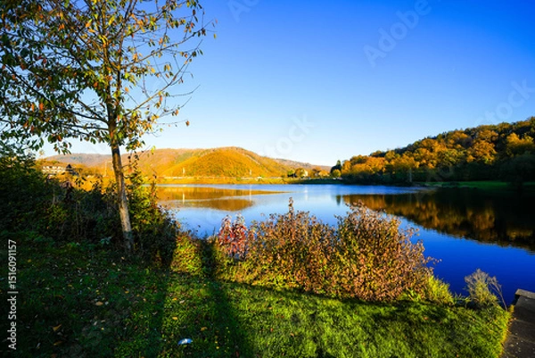 Obraz View of the Eiserbachsee lake in Rurberg near Simmerath. Landscape at the Eiserbach dam. Nature in the Eifel region.
