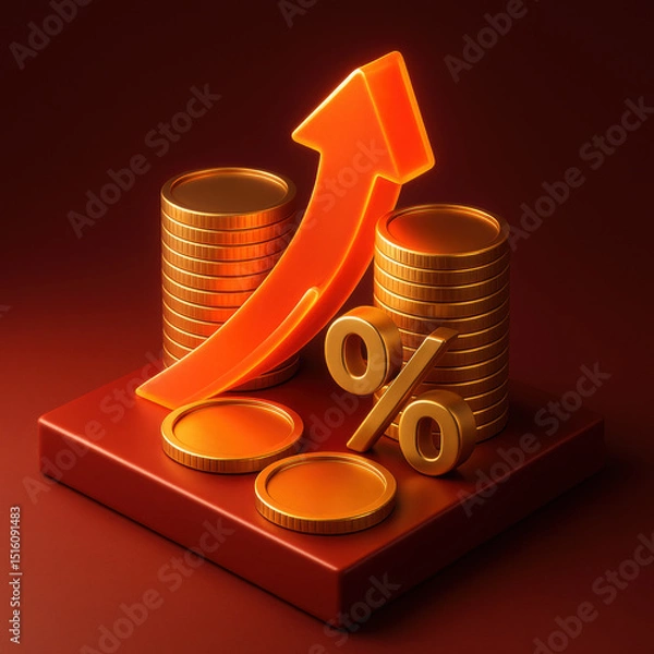 Fototapeta Increasing profits and financial growth are represented by golden coins and upward arrow, symbolizing success and investment opportunities
