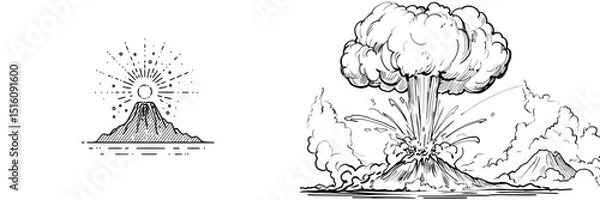 Fototapeta A minimalist line art icon of a volcano is represented by a single, thick line for the mountain and a small cloud symbolizing a plume of smoke escaping from its top