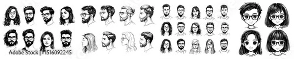Fototapeta A modern set of black ink sketch avatars of human faces is available, featuring young men and women with glasses and various hairstyles, outlined in portraits of boys and girls with a hipster