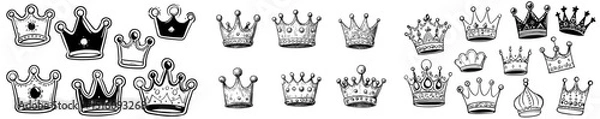 Fototapeta A collection of linear icons featuring doodled crowns is presented, including line art sketches of king and queen crowns, as well as other royal head accessories