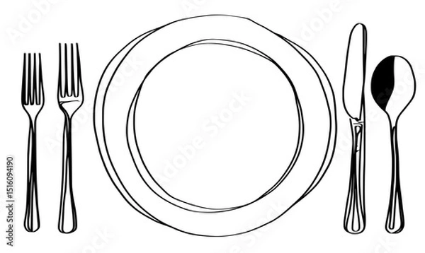 Fototapeta A one line drawing of plate and utensils creates a modern restaurant poster