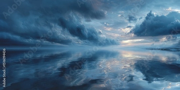 Fototapeta Serene Ocean View. Calm sea reflecting moody clouds at dusk.