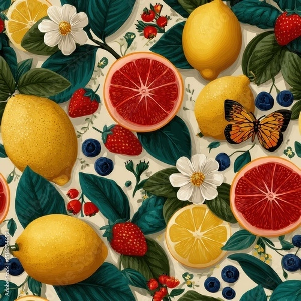 Fototapeta Colorful Fruit and Floral Pattern. Vibrant design featuring lemons, berries, and flowers.
