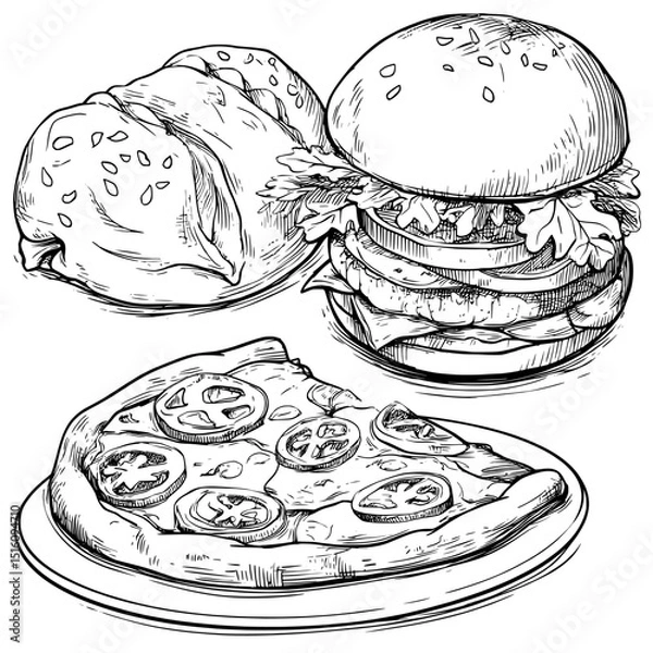 Fototapeta Black and white graphics in an engraving style are used to sketch a set of fast food, including dishes like pizza, hamburger, and roll