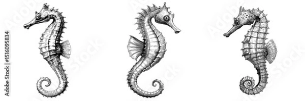 Fototapeta The illustration features a modern seahorse in black and white, showcasing a tropical underwater animal that inhabits the world's oceans and seas, with the image being a monochrome sketch of a