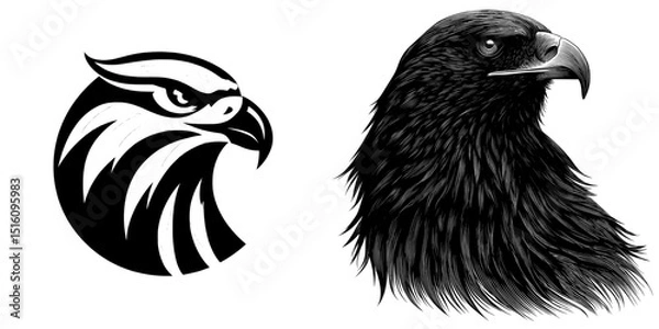 Fototapeta A white background provides the setting for a modern design of a hawk eagle's head in silhouette