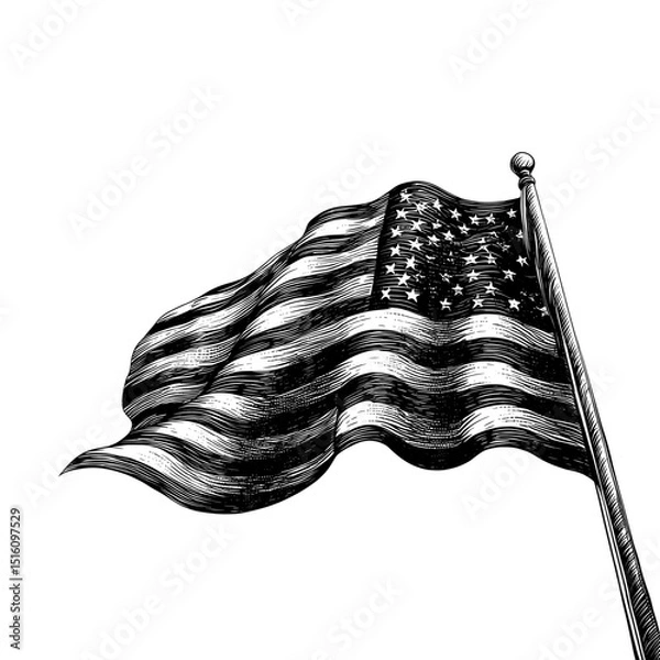 Obraz America's flag is depicted in a waving motion through an engraving sketch that is black and white in outline, presented as a scratch board imitation in a vintage line art style on a white background