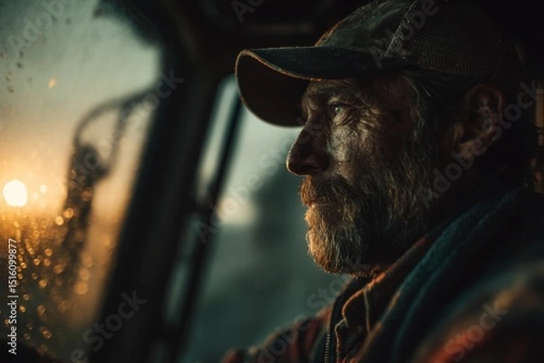 Fototapeta Weathered farmer in cap looks out from tractor cab on misty morning with water droplets on the glass