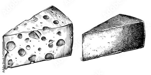 Obraz The illustration features a slice of cheese in vintage line art style with a black and white outline, resembling a scratch board engraving on a white background