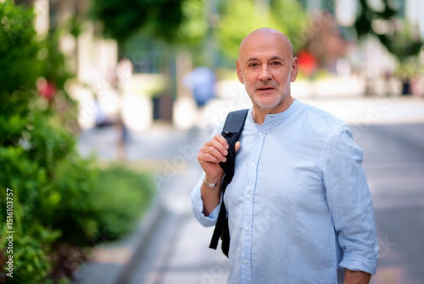 Obraz Senior man wearing casual clothes and backpack while walking in downtown