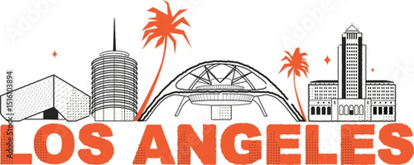 Obraz Typography word Los Angeles branding technology concept. Collection of flat vector web icons. American culture travel set, architectures, specialties detailed silhouette. Doodle famous landmarks.