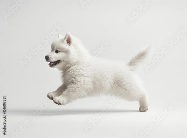 Fototapeta A fluffy white puppy in mid-run against a plain backdrop.  The pup's body is angled sideways, showcasing its playful energy.  Its fur is soft and thick