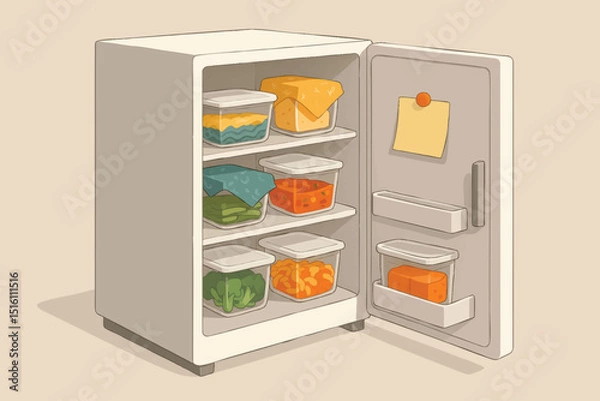 Obraz An open fridge filled with labeled containers of colorful food, vegetables, and meals organized neatly for storage or reuse.