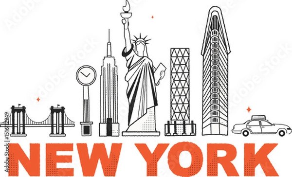 Obraz New York culture travel set, famous architectures and specialties in flat design. Business US tourism concept clipart. Image for presentation, banner, website, advert, flyer, roadmap, icons