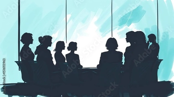 Obraz Silhouetted group of women in a conference room with a large window, meeting together