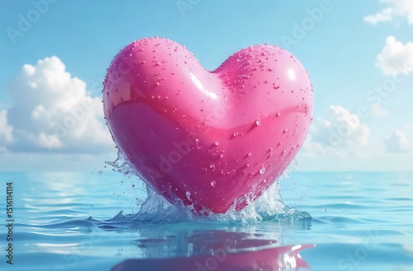 Obraz  A large, voluminous pink heart partially immersed in a calm blue ocean under a bright blue sky dotted with clouds.