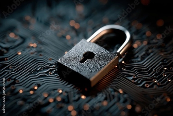 Fototapeta Padlock on Circuit Board Representing Cybersecurity