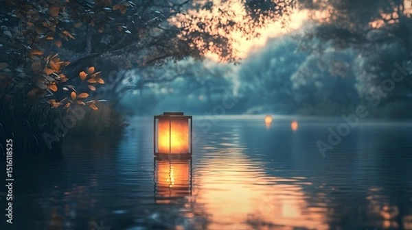 Fototapeta A single lantern floating on a quiet river