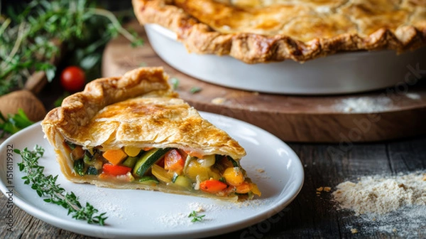 Fototapeta Freshly baked vegetable pie slice on plate with herbs and ingredients in rustic setting.
