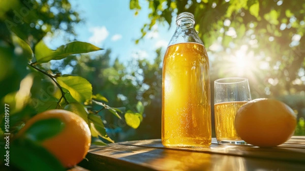 Fototapeta Refreshing summer citrus drink with juicy oranges and sunlight on wooden table outdoors.