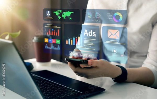 Obraz Digital marketing concept.Ads dashboard screen digital.Digital marketing concept.Online advertising ,digital marketing and ad on internet to targeted customers.	