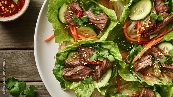 Fototapeta Fresh Korean beef and noodle salad cups are elegantly served in crisp lettuce leaves.