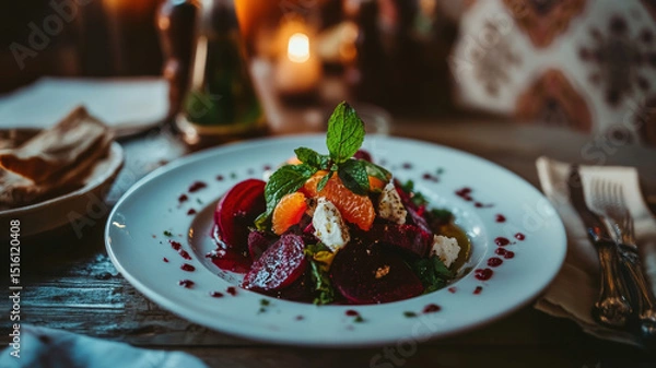 Fototapeta Gourmet beetroot, blood orange and feta salad on rustic table setting.
