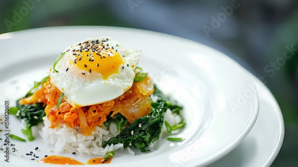 Fototapeta A beautifully plated dish featuring fragrant basmati rice as the base, topped with vibrant kimchi and a perfectly poached egg with a runny yolk.