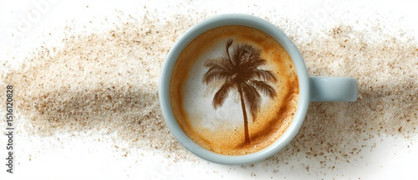 Obraz top view of summer coffee / cappuccino cup with palm tree made of cinnamon; unique bright beach sand frame decor; copy space