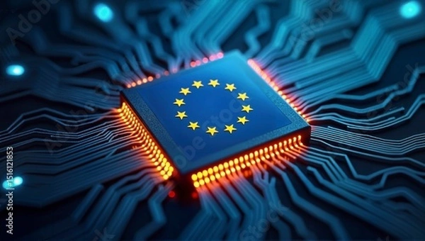 Obraz A European-made computer chip with the EU flag, ensuring independence from non-EU microprocessor production - ai generated