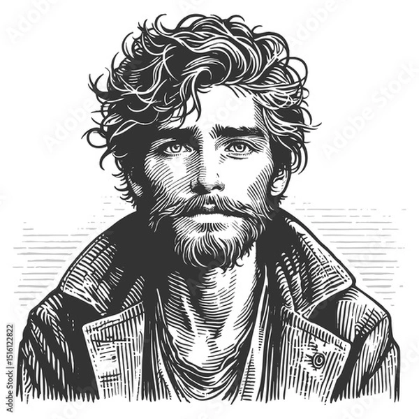 Fototapeta young homeless man with messy hair and a beard, wearing a worn coat and looking solemnly ahead sketch engraving generative ai raster illustration. Scratch board imitation. Black and white image.