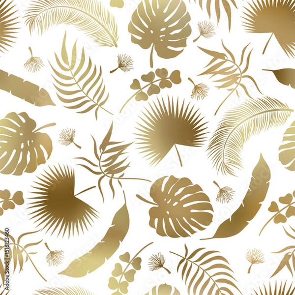 Fototapeta Abstract gold palm leaves seamless pattern. Vector luxury tropical jungle texture. Abstract golden palm leaf silhouettes summer print on white background for exotic wrapping, backdrop, decor, cover.