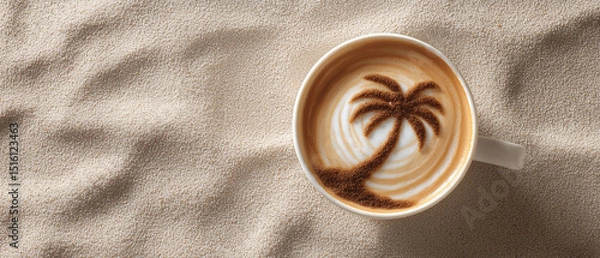 Obraz top view of summer coffee / cappuccino cup with palm tree made of cinnamon; wavy bright beige beach sand as a background; copy space