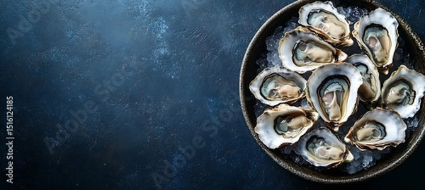 Obraz Fresh oysters on a deep navy blue background with ample copy space left