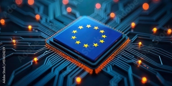 Obraz A European-made computer chip with the EU flag, ensuring independence from non-EU microprocessor production - ai generated