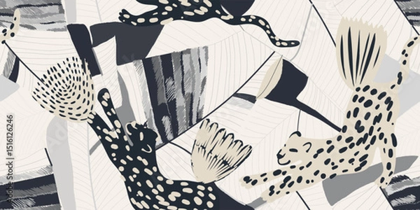 Obraz Modern abstract botanical print with leopards. Black and white bohemian style contemporary seamless pattern. Hand drawn unique print.