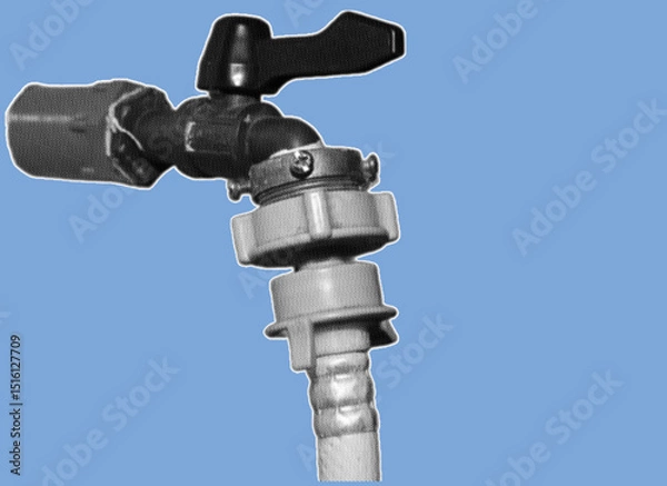 Fototapeta close up of water tap with hose pixelate color halftone dotted texture style collage element isolated on blue background