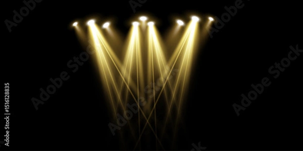 Fototapeta Vector scene lighting effects - set of concert gold spotlights with glowing beams, realistic light sources for event design, party posters, web banners and use of transparent backgrounds