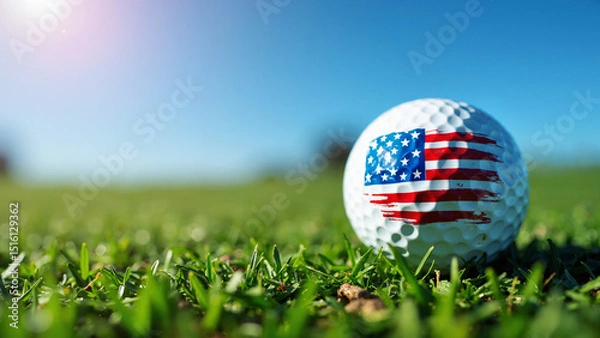 Fototapeta A pristine white golf ball with an American flag motif on a lush green lawn, perfect for 4th of July promotions and golf advertisements.