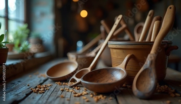 Obraz Rustic Wooden Spoons and Utensils A Collection of Handcrafted Kitchenware