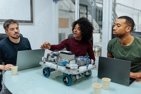 Obraz Robotics engineers collaborating on innovative design project with prototype