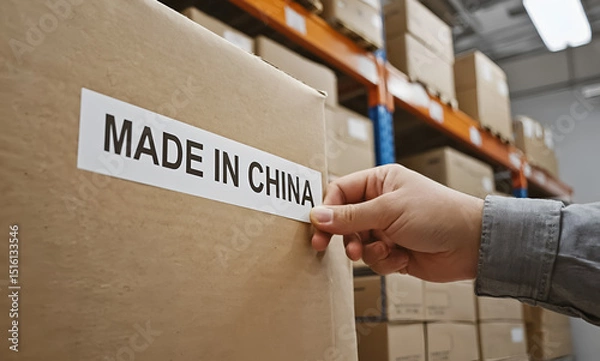 Fototapeta Top shot of a hand placing a Made in China label sticker on a cardboard shipping box.tariffs with trad war