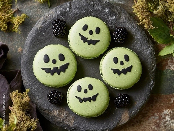 Fototapeta Spooky Halloween Macarons Decorated with Jack O Lantern Faces and Fresh Blackberries on a Rustic Stone Plate