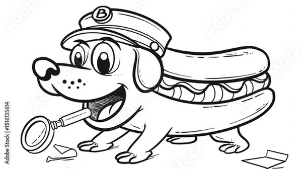 Fototapeta A sneaky hotdog in detective disguise with a tiny magnifying glass. Black and white line art, simple and bold outlines, for a kids coloring book, isolated on white background.