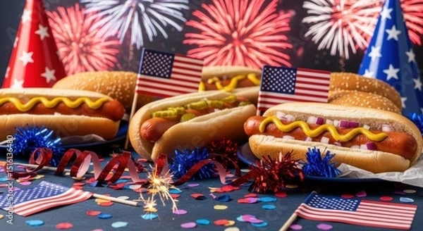 Obraz Celebration of national hot dog month with festive fireworks and american flags